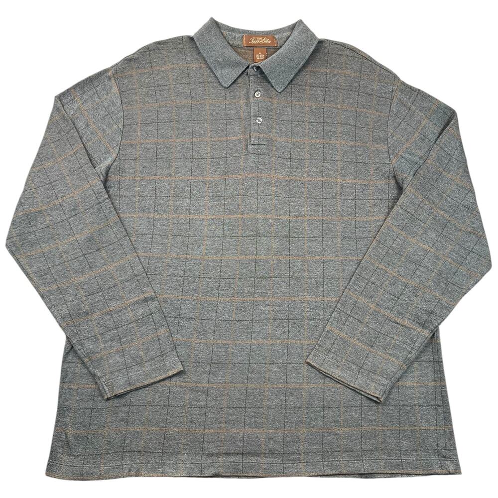 Tasso Elba S.P.A. Men XL Gray Brown Windowpane Long Sleeve Polo 100% Cotton